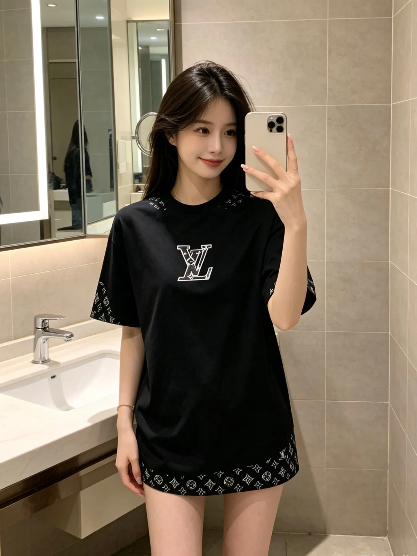 Louis Vuitton/Louis Vuitton leather logo embroidered short sleeves